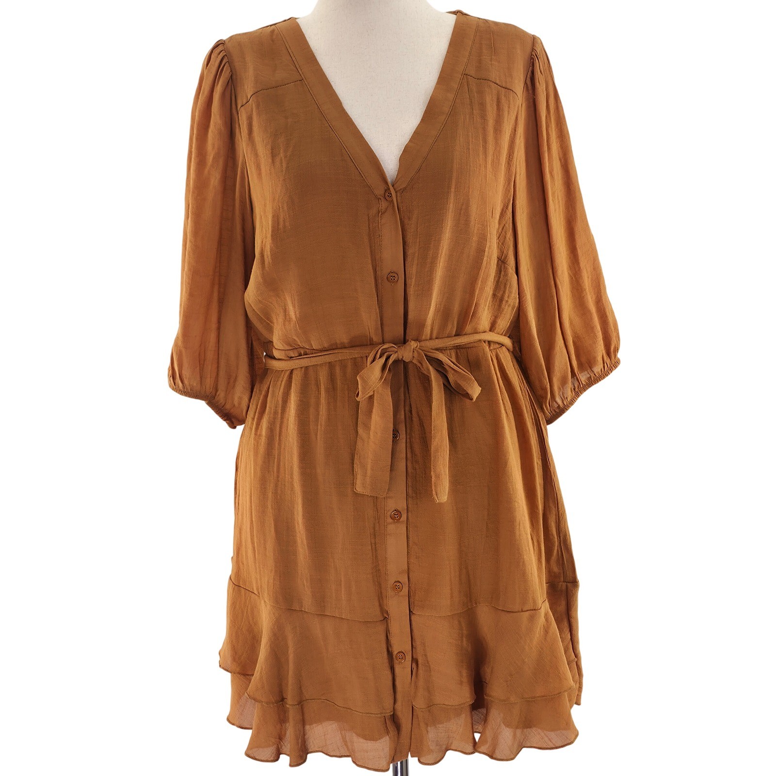 Rebellion Again Mini Dress Womens 1X Brown Rust Cottagecore Tiered Prairie Plus