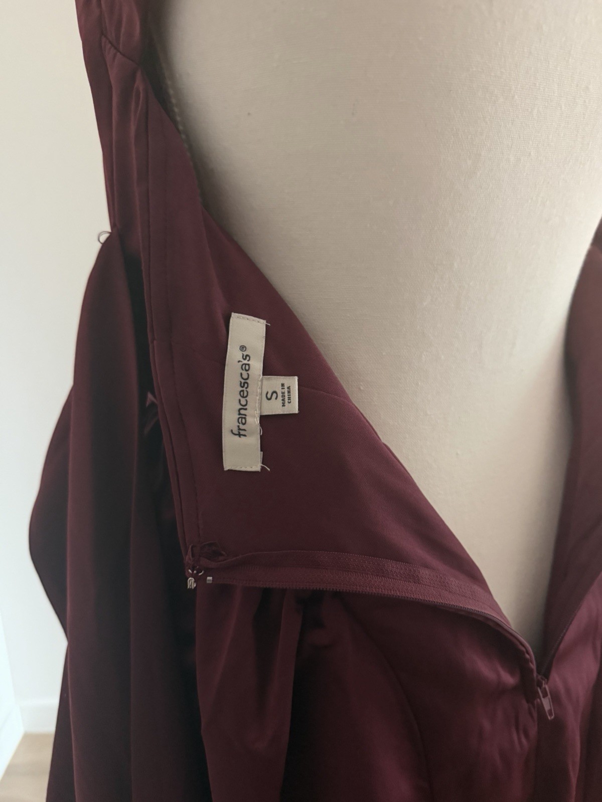 francesca’s Burgundy Solid Satin Mini Dress Square Neck Open Back Bow Zip Size S
