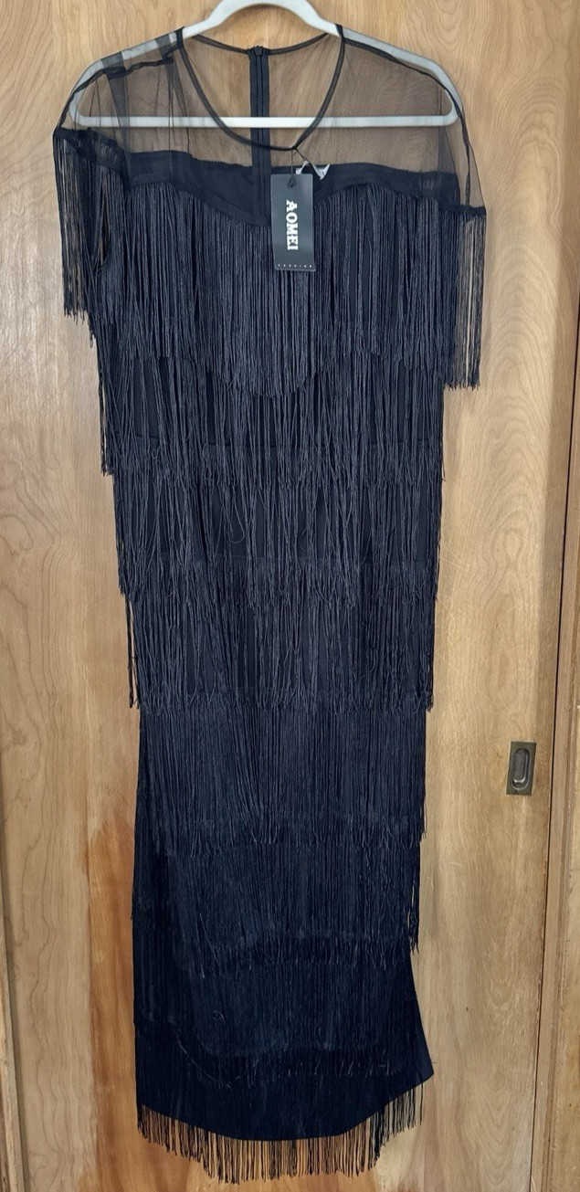 Aomei Mesh See Through Crewneck Patchwork Tassel Tiered Fringe Long Dress Sz 3XL