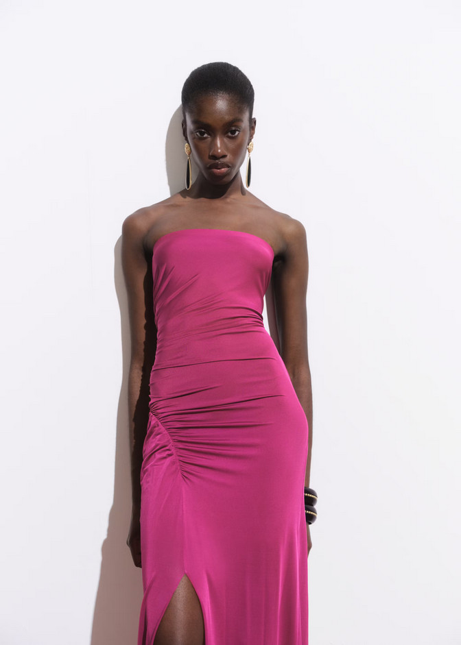 NWT MANGO MNG FUCHSIA DRAPED STRAPLESS MAXI DRESS SZ S US 4