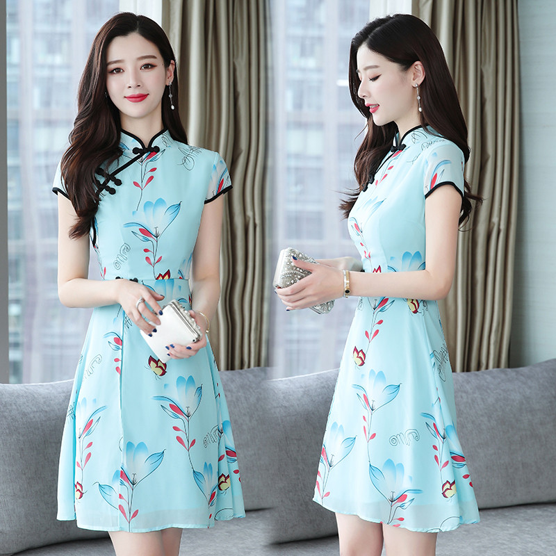 Women Cheongsam Floral Mesh Short Dress A-line Fit Flare Hanfu Chinese Ethnic