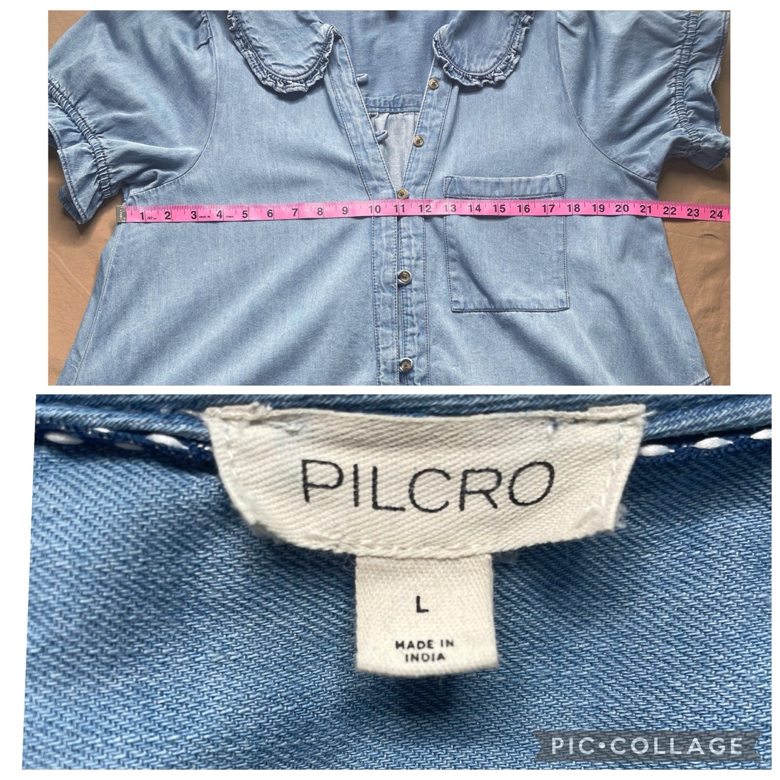 Anthropologie Pilcro Keira Denim Mini Dress Size L Babydoll Tiered ShirtDress