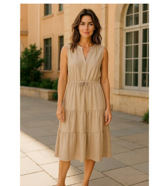 NWT Lands’ End Women’s L Lyocell Tiered Midi Dress Tan Sleeveless J1942