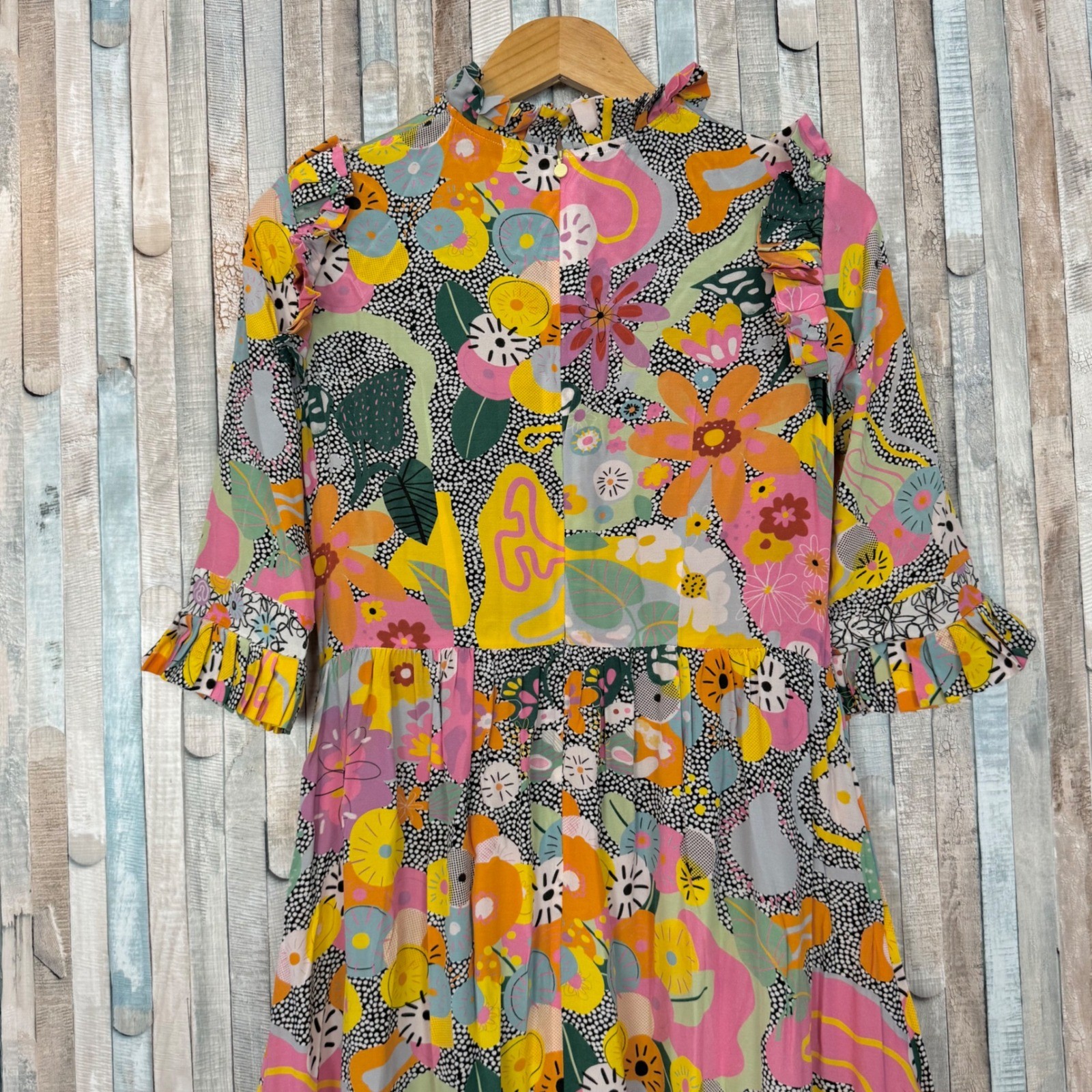 Celia B Sunny Dress Colorful Floral Crochet Lace High Ruffle Neck Tiered Midi M