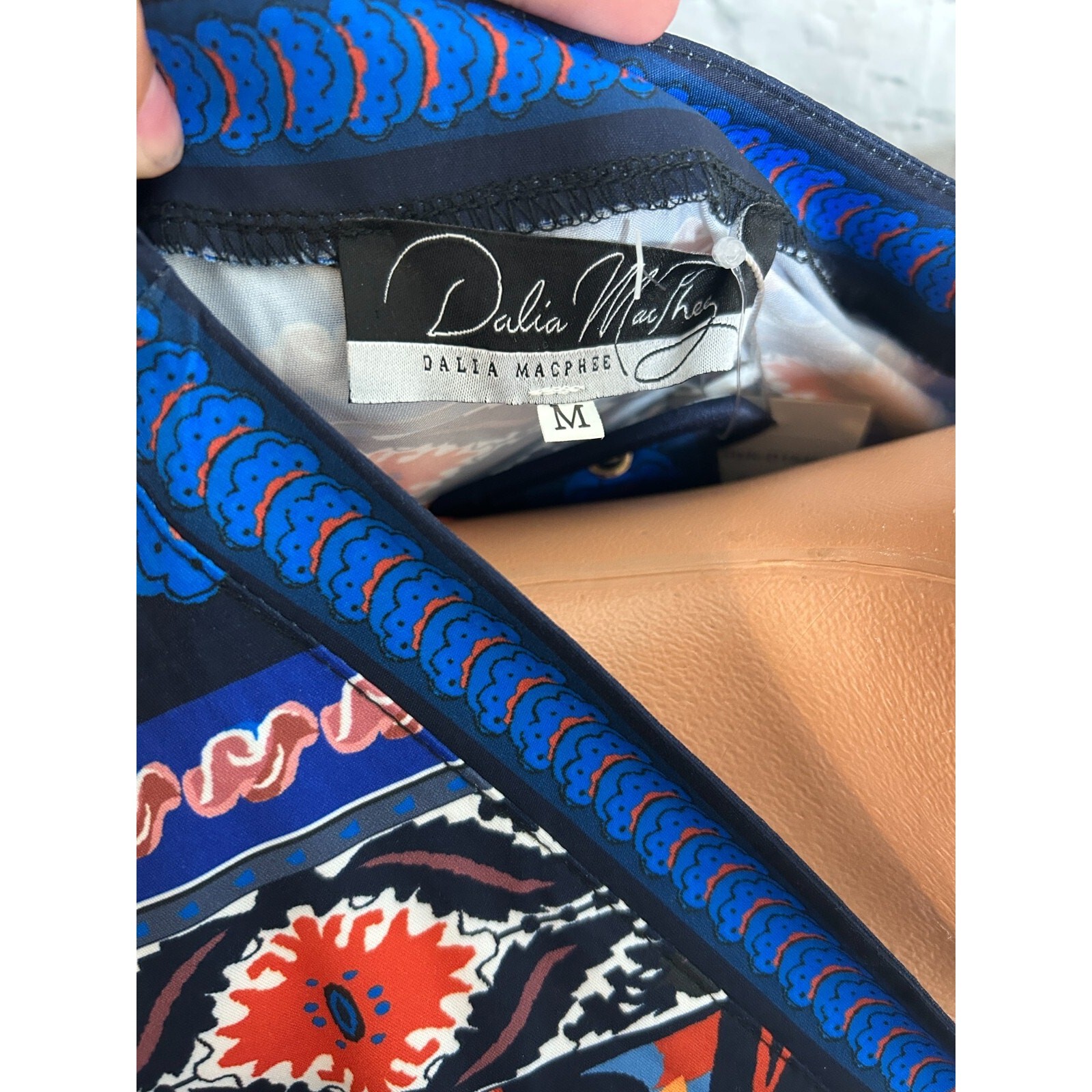 Dalia Macphee Tile Print Border Blue Mini Dress Size M