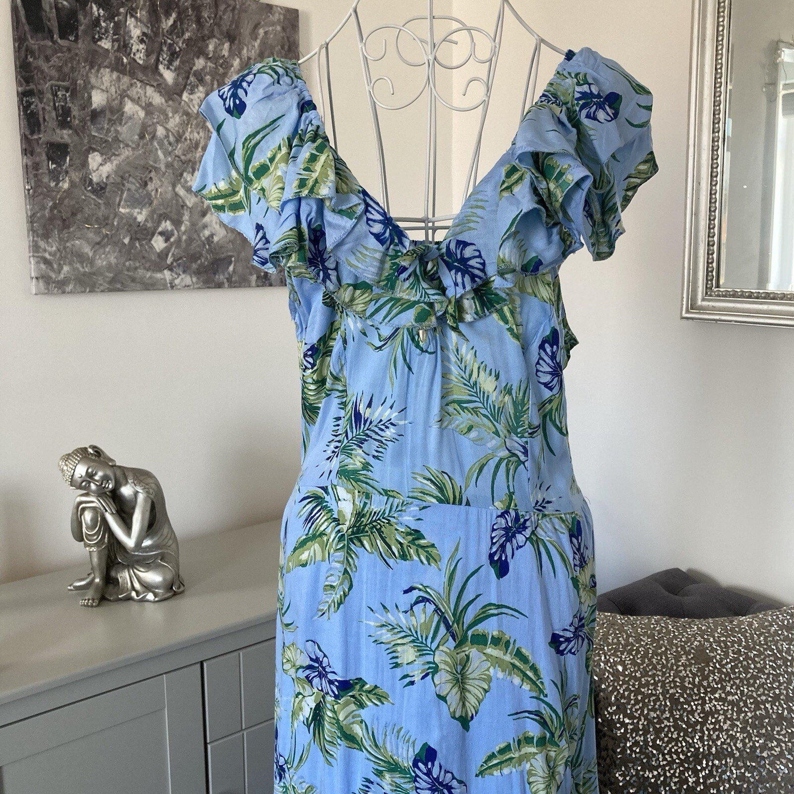 Blue Leaf Print Ruffle Scoop Neck Sleeveless Open Back Tiered Maxi Dress L 10-12