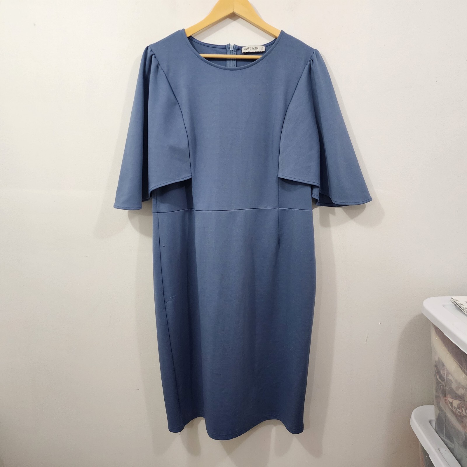 GRACE KARIN 3/4 Ruffle Sleeve Work Party Pencil Dress Blue Gray Plus Size 2XL