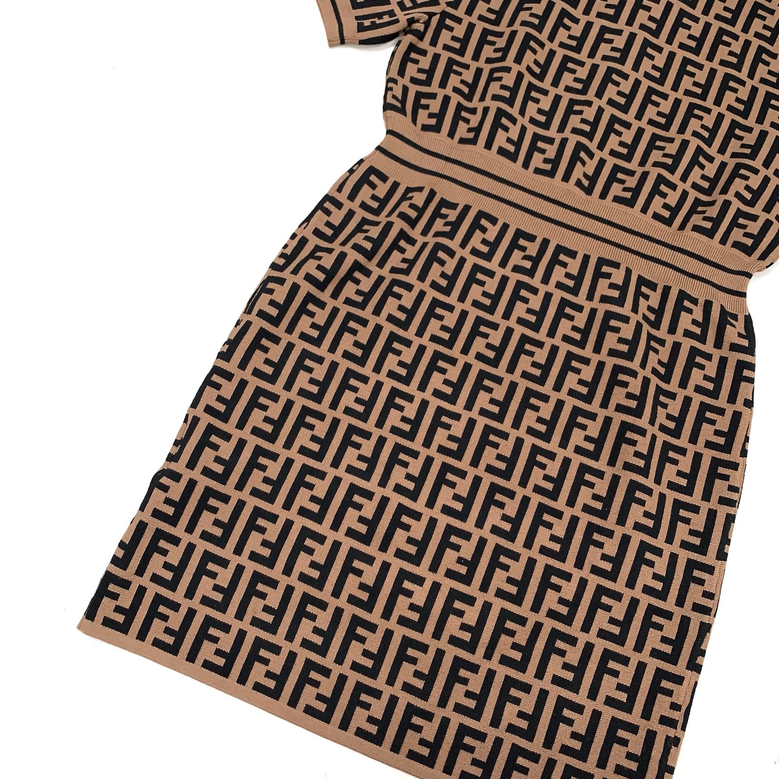 Fendi Zucca FF Monogram Logo Knitted Polo Stretched Dress Brown 38 (S) Size