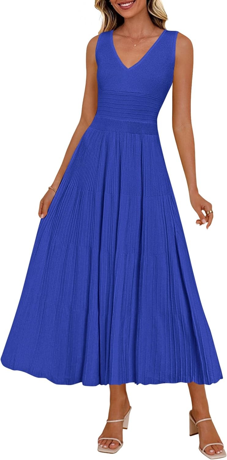 Summer Dresses for Women 2026 Spring Casual Sleeveless V Neck Pleated Midi Work