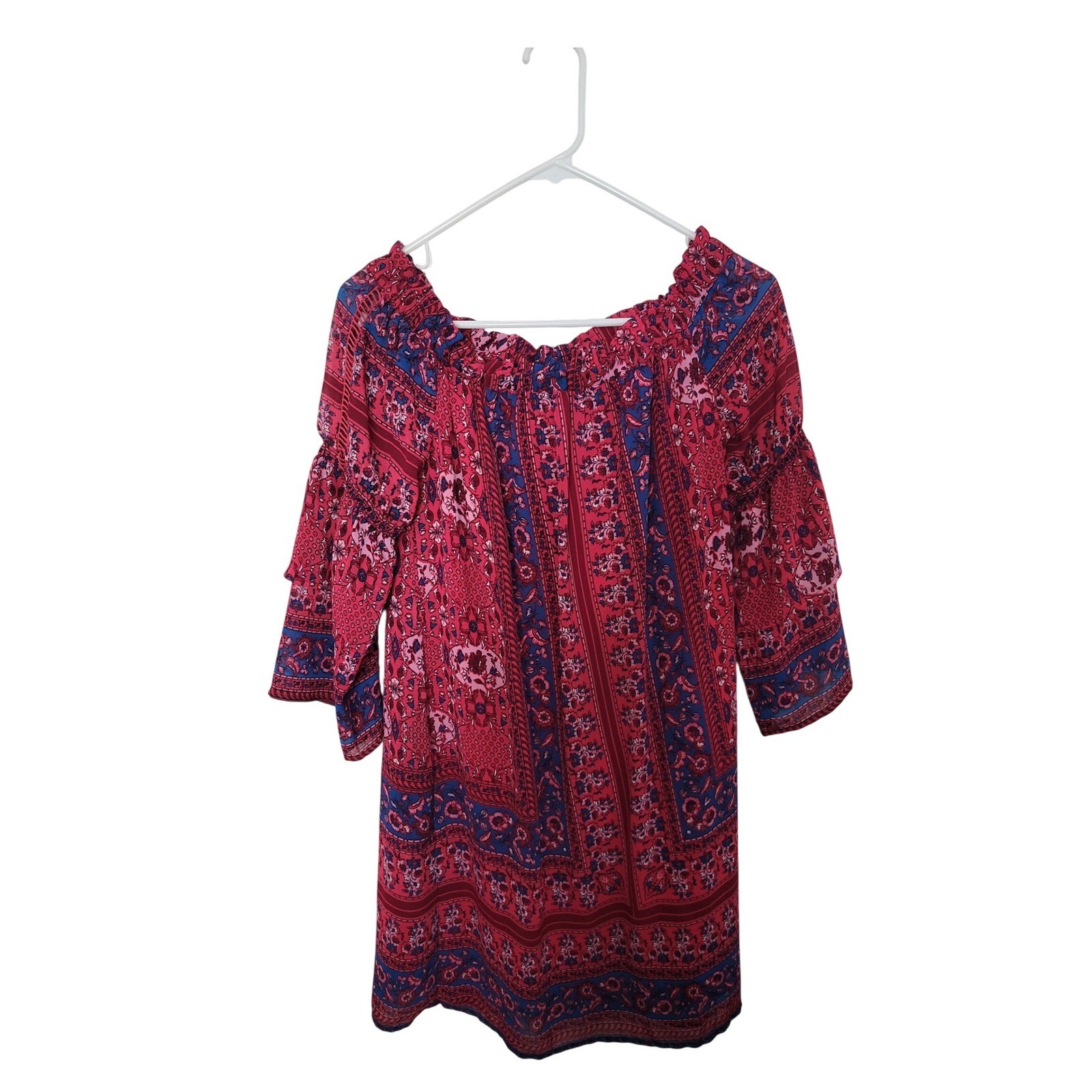 KUT from the Kloth Dress Womens Small Red Blue Boho Off Shoulder Bell Sleeve