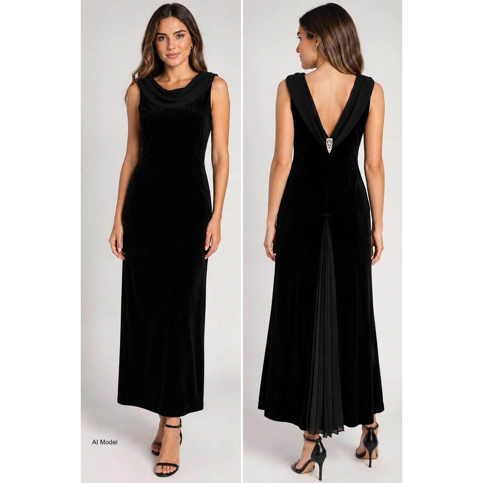Elegant Black Velvet Maxi Dress size 10 Cowl Neck Pleated Back Rhinestone Formal