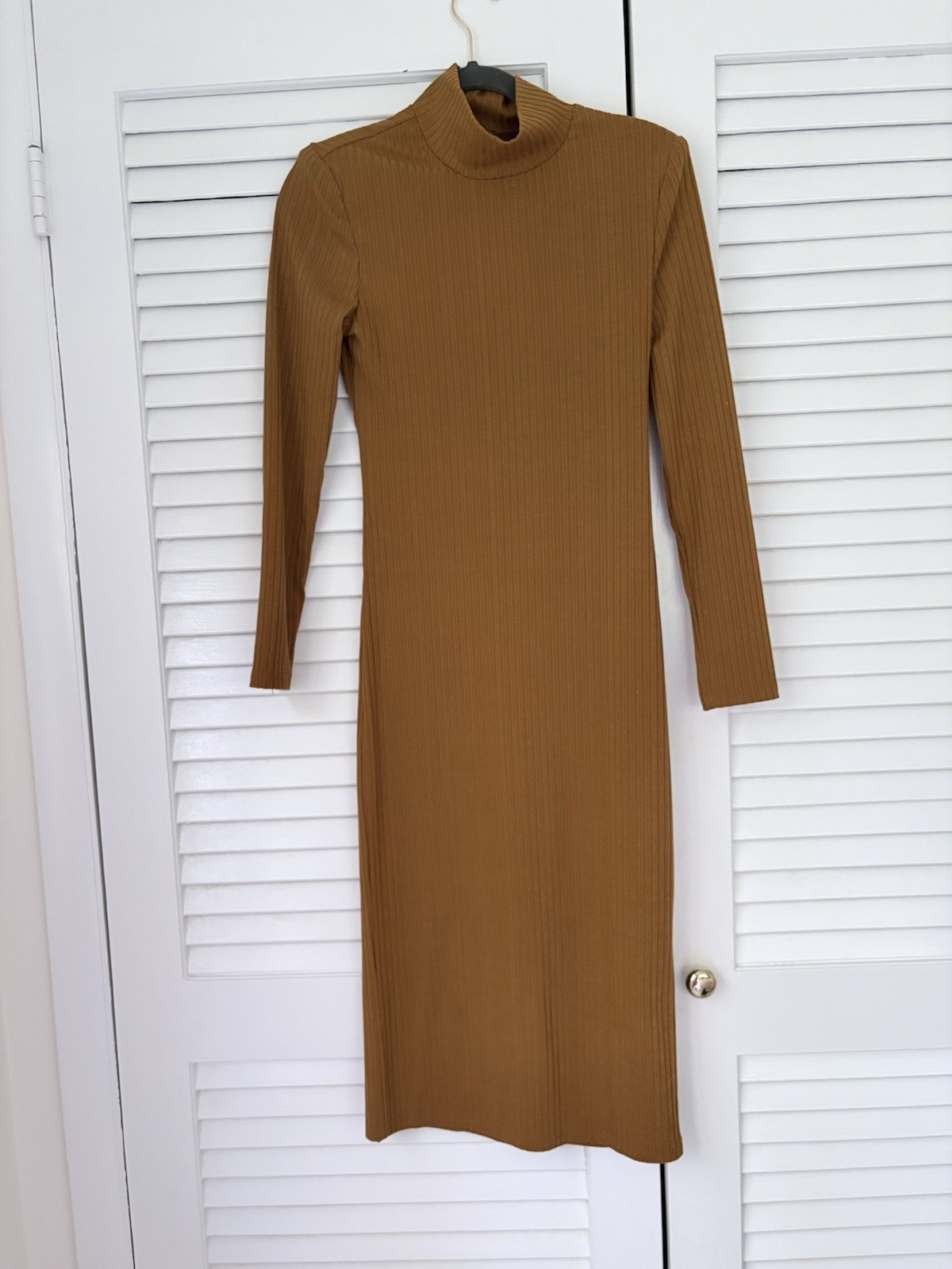 LPA Camel Ribbed Knit Mock Neck Midi Dress Open Back Long Sleeve Size M Bodycon
