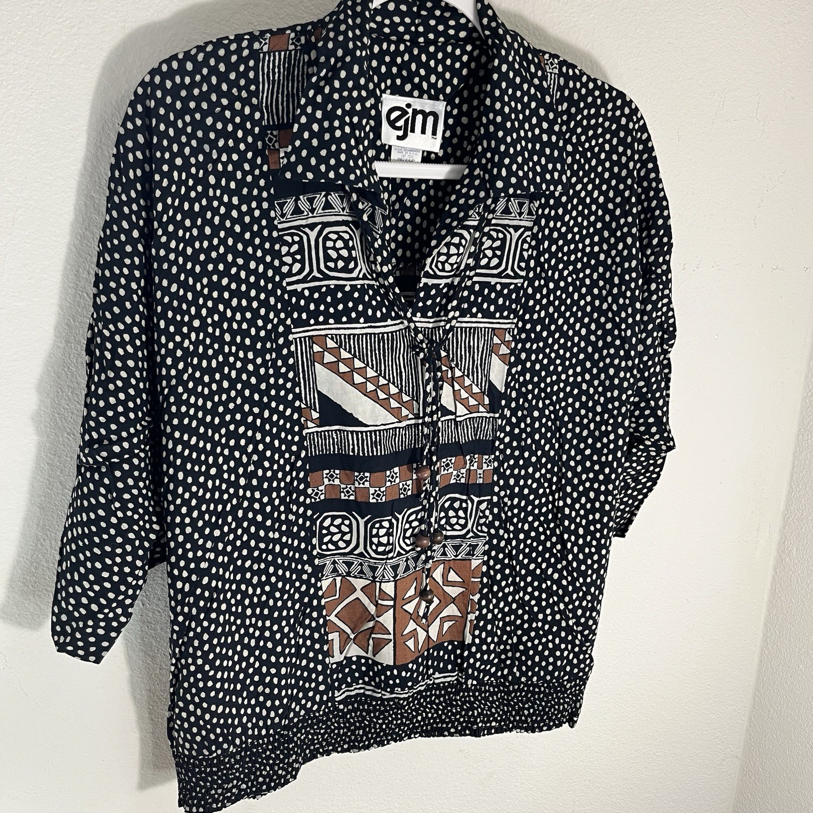 EJM Top 16 Petite Women’s Black Tribal 80’s Boho Ethnic Workwear
