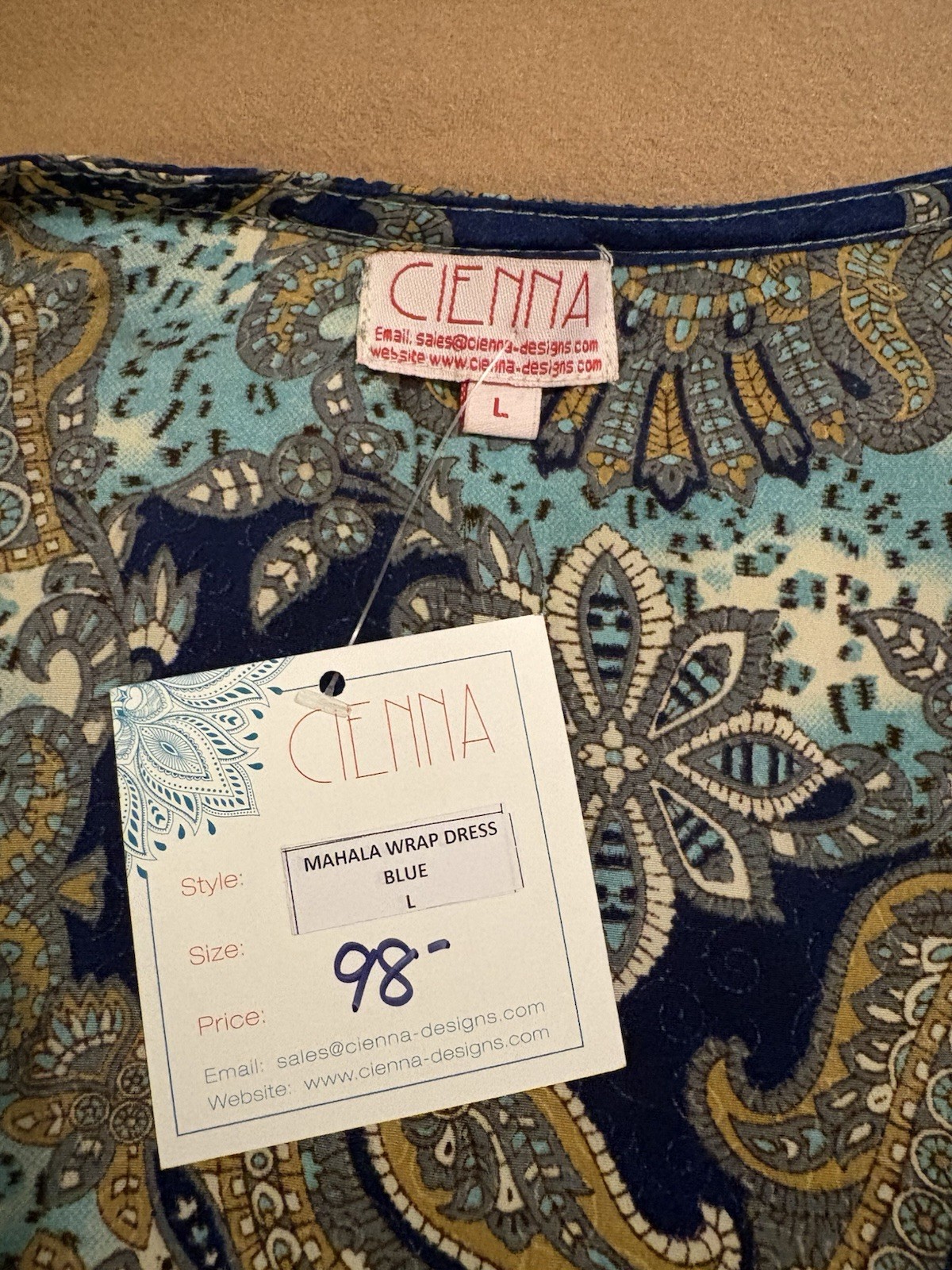 NWT Cienna Mahala Blue Paisley Wrap Maxi Dress Long Sleeve V-Neck Tie Size L