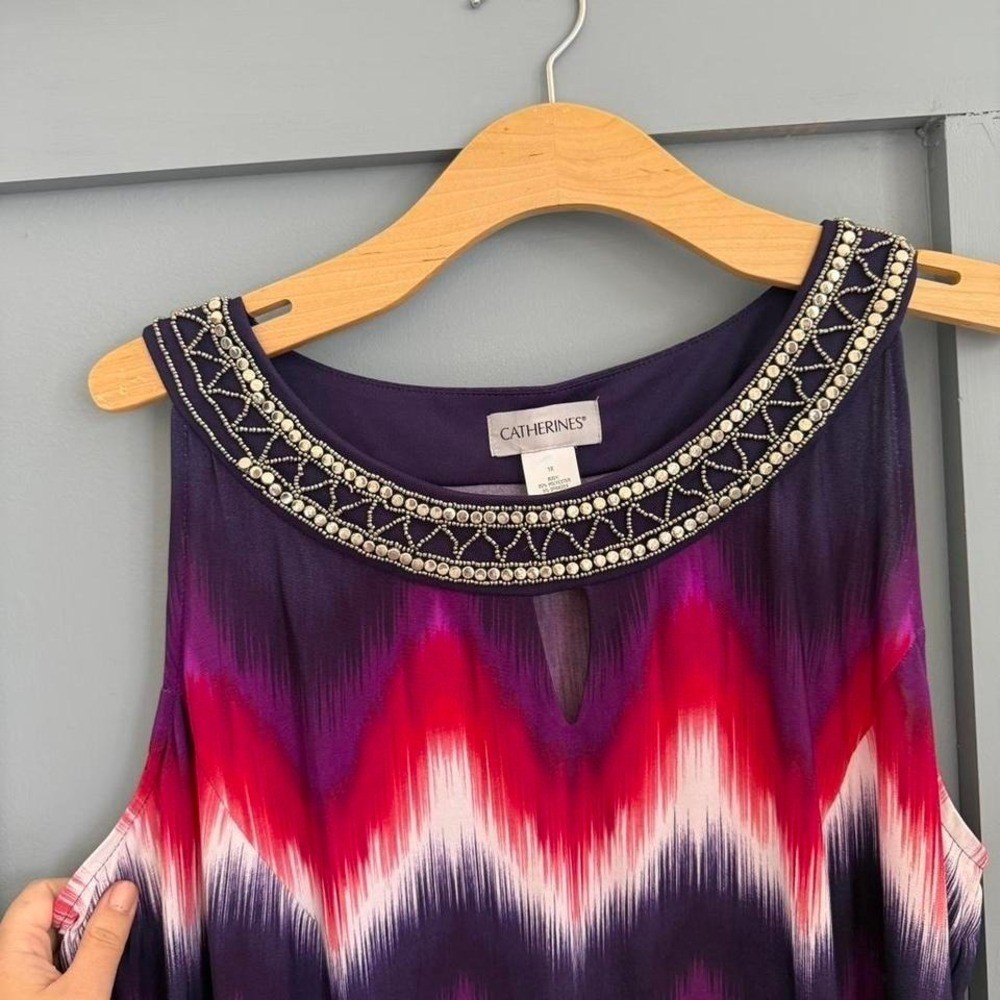 Catherines maxi dress vibrant pattern. Missing some beads around neckline