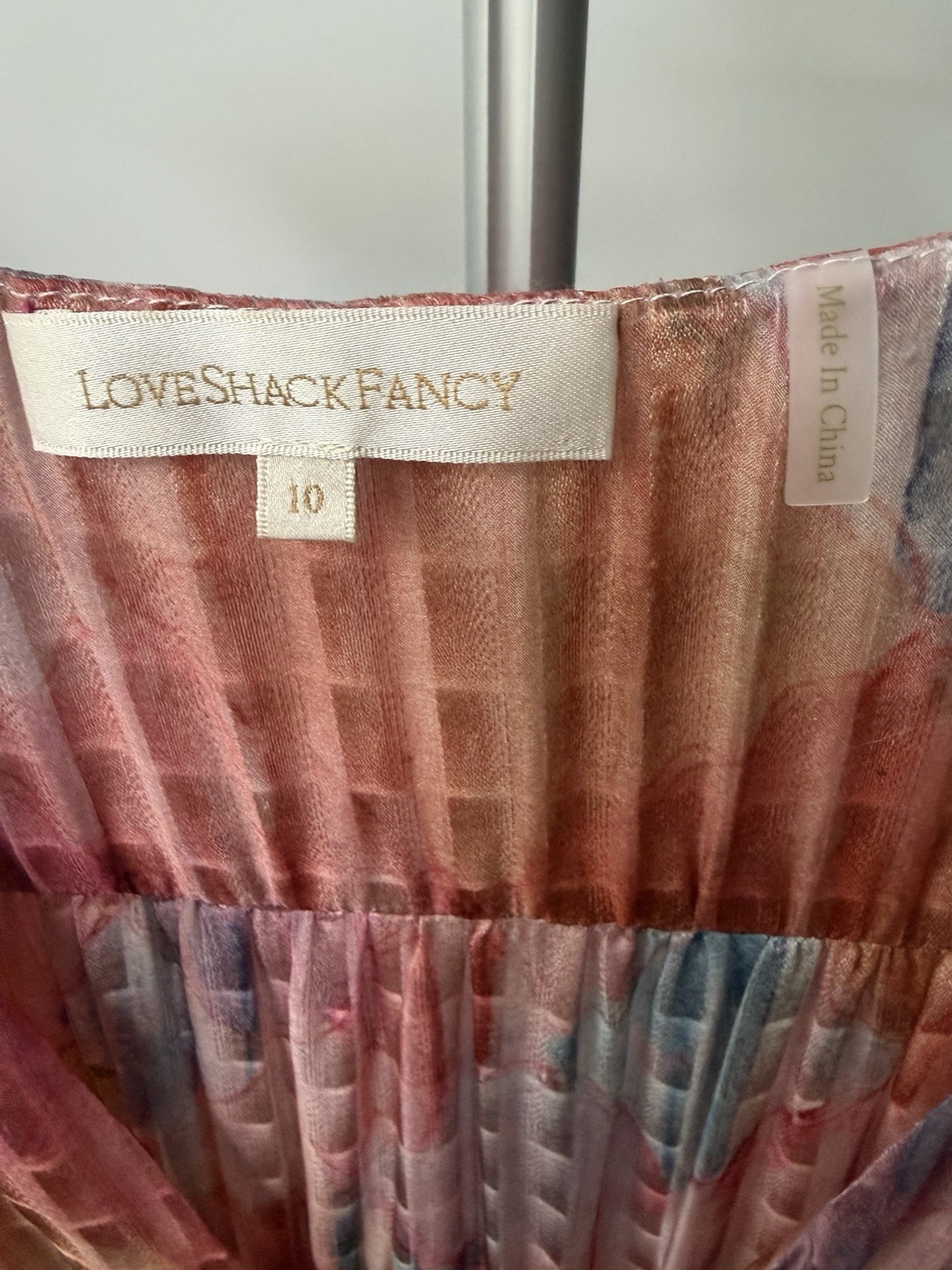 LoveShackFancy Pink Blue Ivory Abstract Pleated Ruffle Chiffon Silk Midi 10