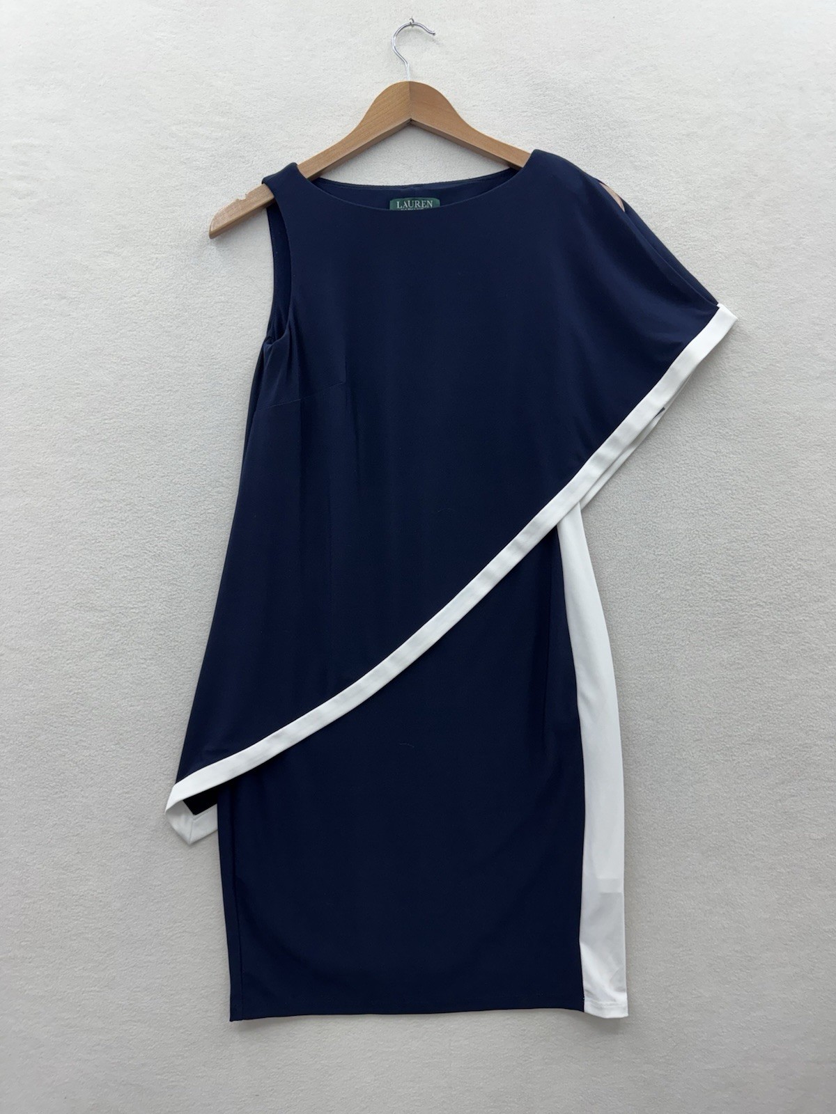 Lauren Ralph Lauren Dress Womens 2 Navy Blue White Asymmetrical Sheath NWT