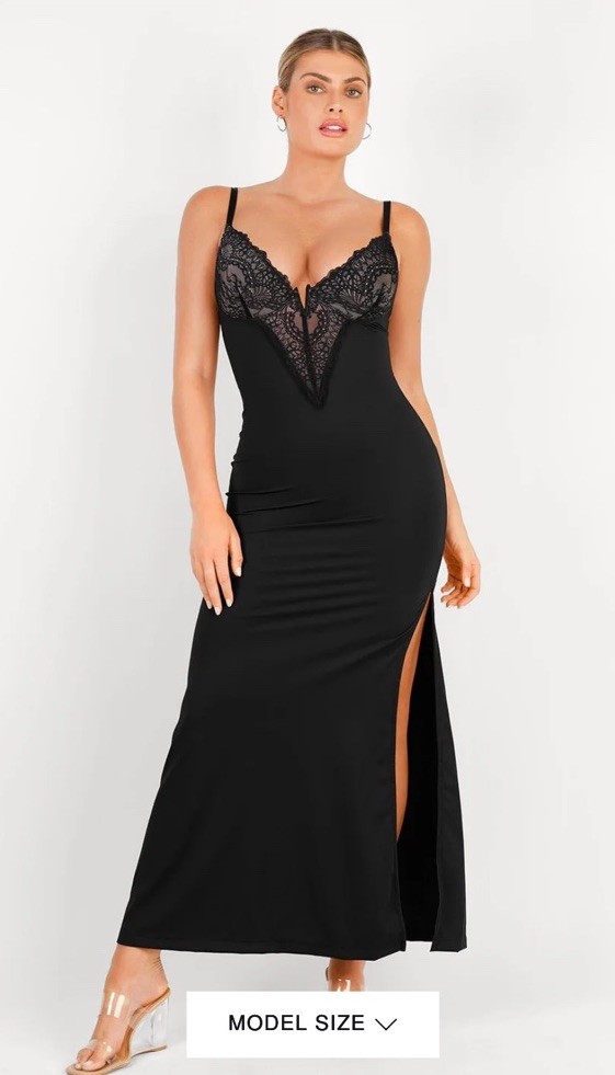 NWT Popilush Shapewear Lace V Neck Side Slit Slimming Maxi Slip Dress black L