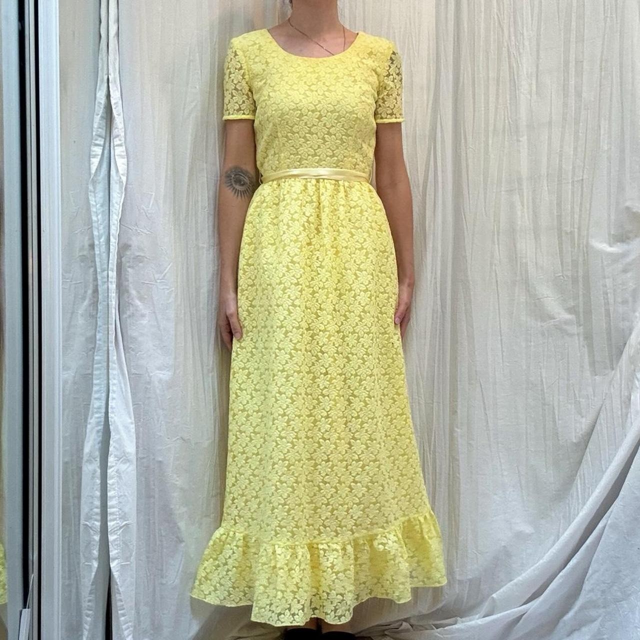VTG 60s Yellow Floral Lace Maxi Short Sleeve Dress Ribbon Waist Handsewn XS/S