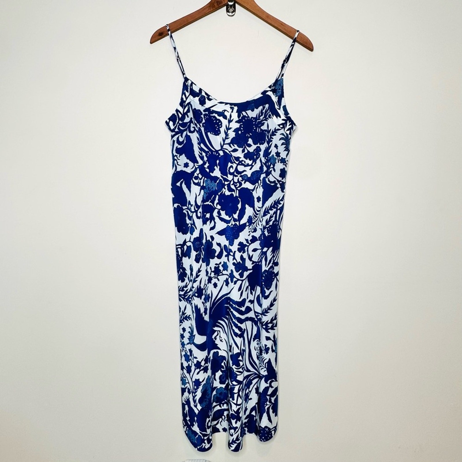 Figue Audra Silk Slip Dress Size Small Midi White Blue Floral Bird Print