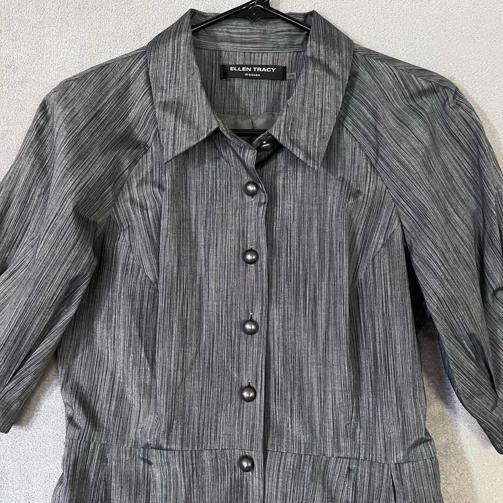 ELLEN TRACY Button Front Shirt Dress Gray Petite 8 Puff Sleeves Lined Classic