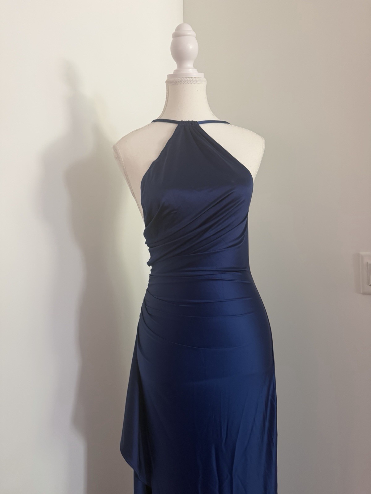 Elegant blue Smooth and stretchy Maxi evening Dress Halter Neck, wedding guest
