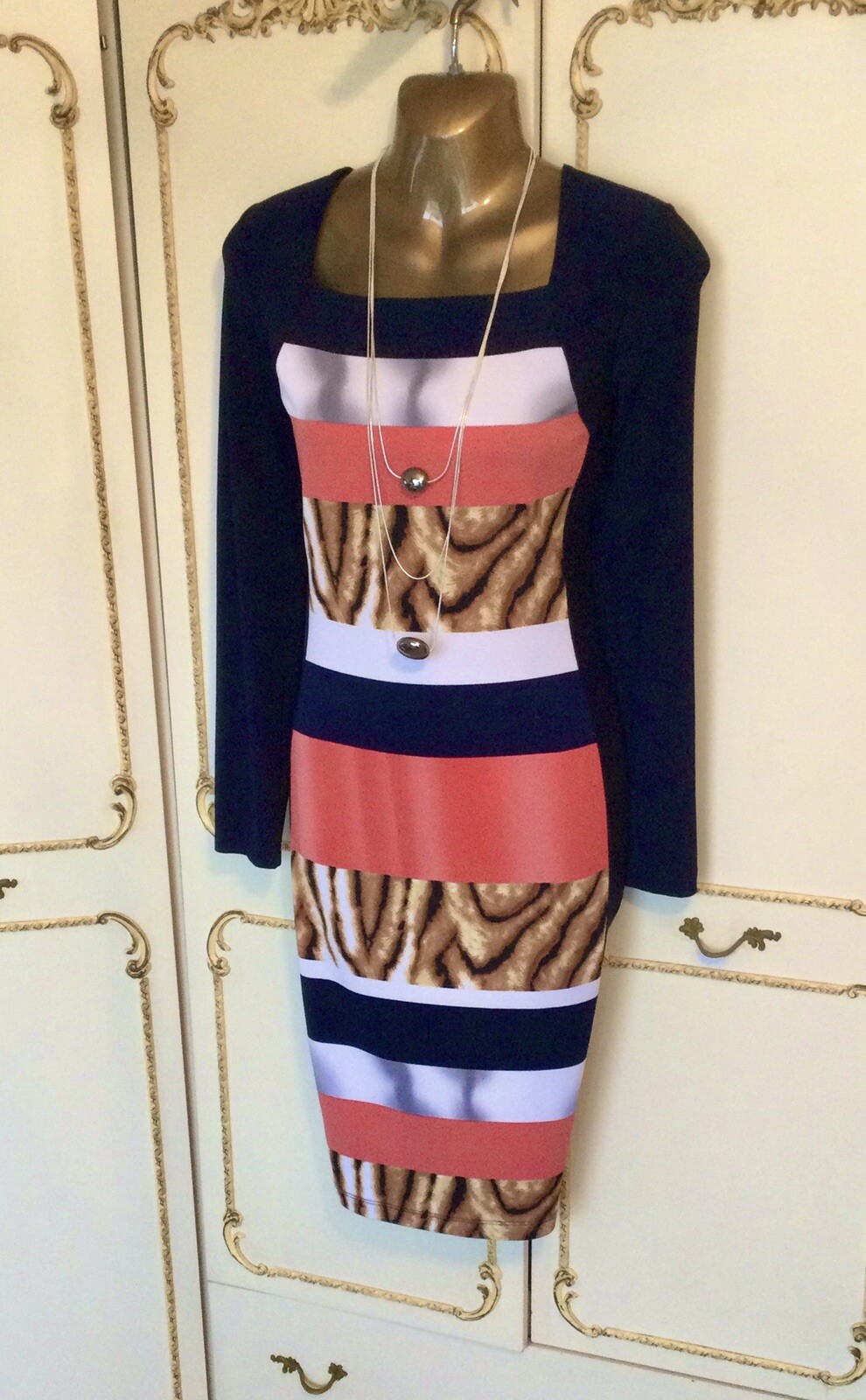 PICADILLY UK 10 / 12 Designer Navy / Coral / Multi Print Dress NWT RRP £159