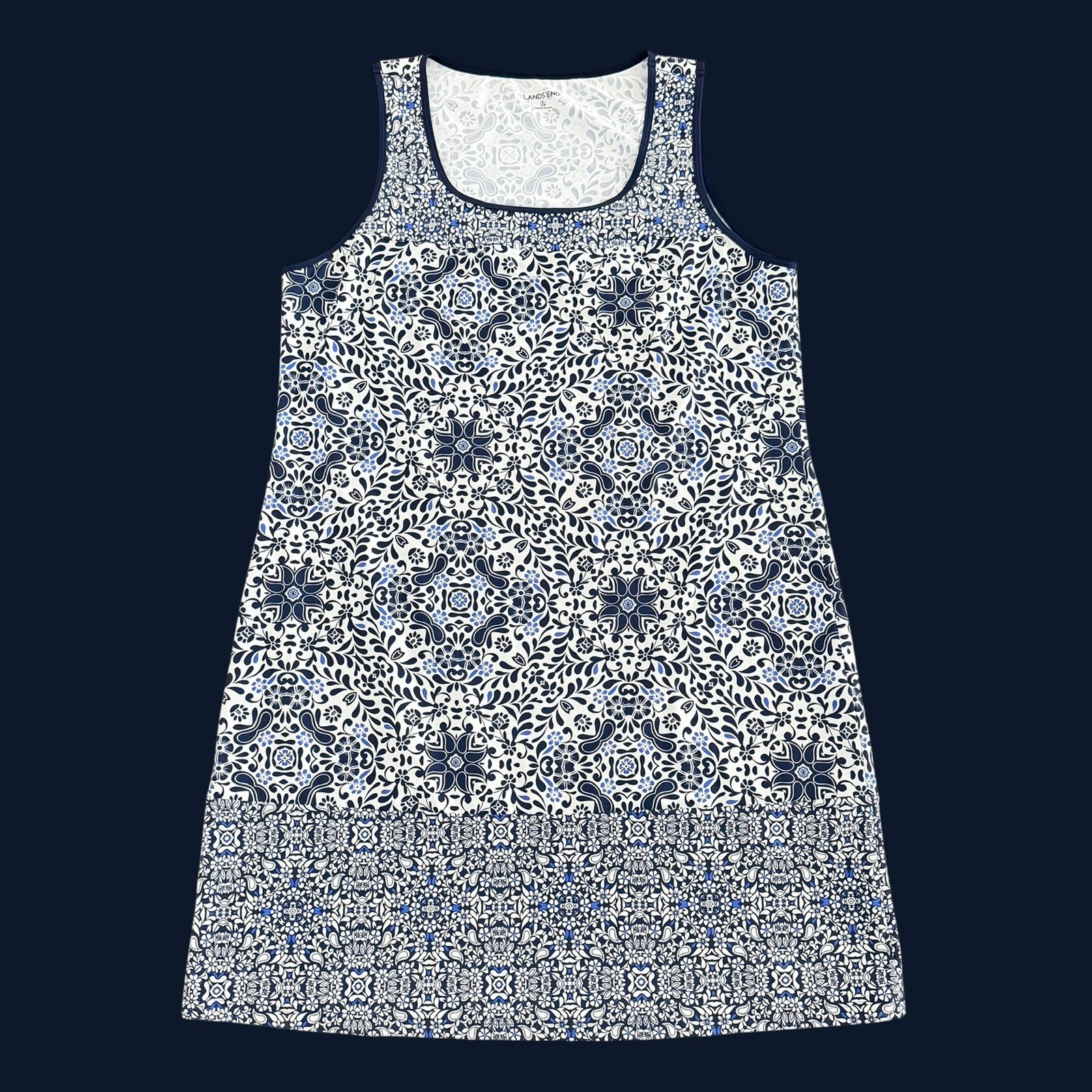 Lands’ End Sleeveless Shift Tank Dress L 14-16 Blue White Beach Coastal Summer