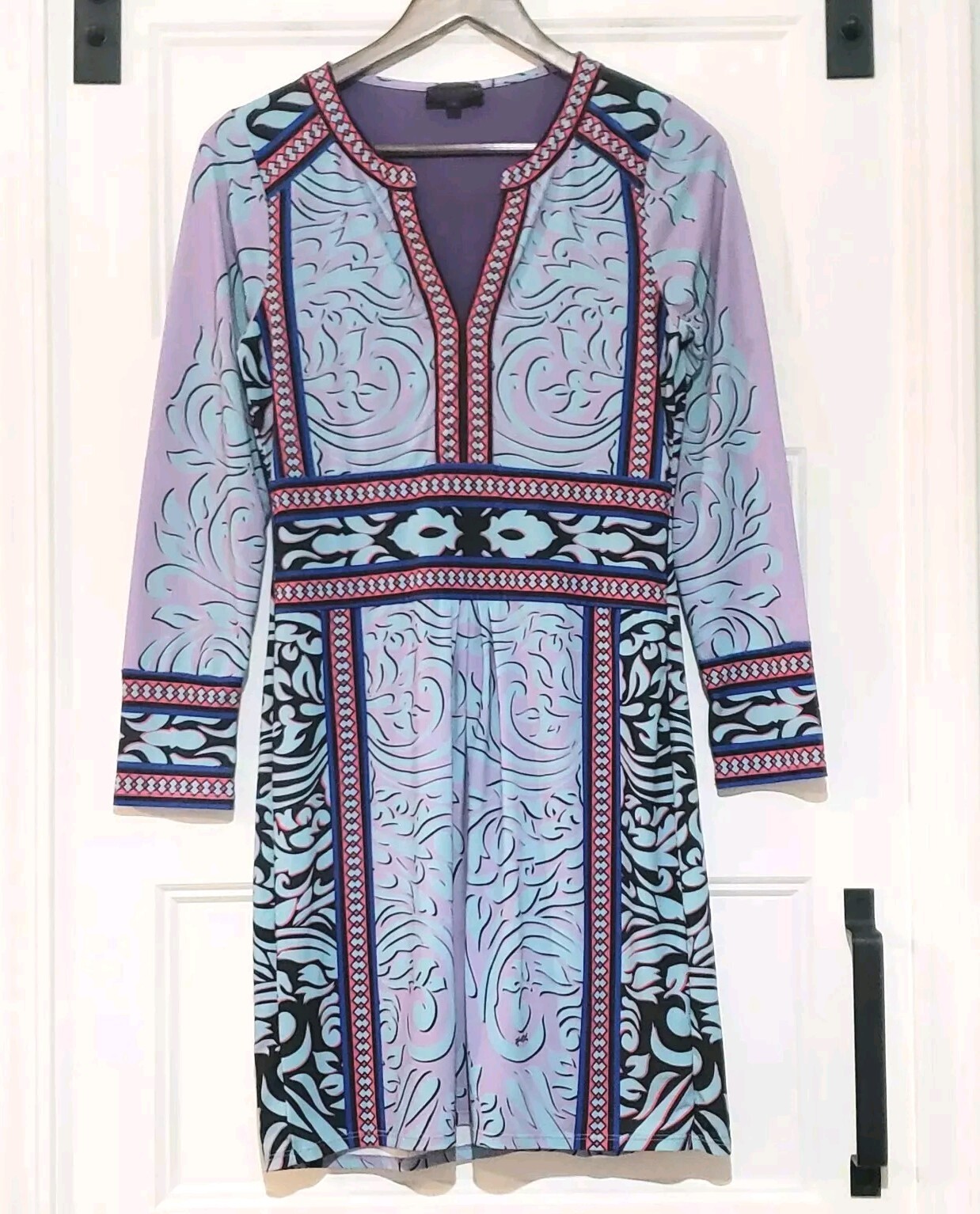 Hale Bob Mini Jersey Tunic Dress V Neck Blue Purple Stretch Long Sleeve Womens S