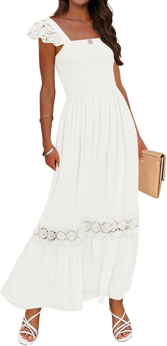 Women’s 2025 Summer Lace Strap Sleeveless Square Neck Smocked High Waist