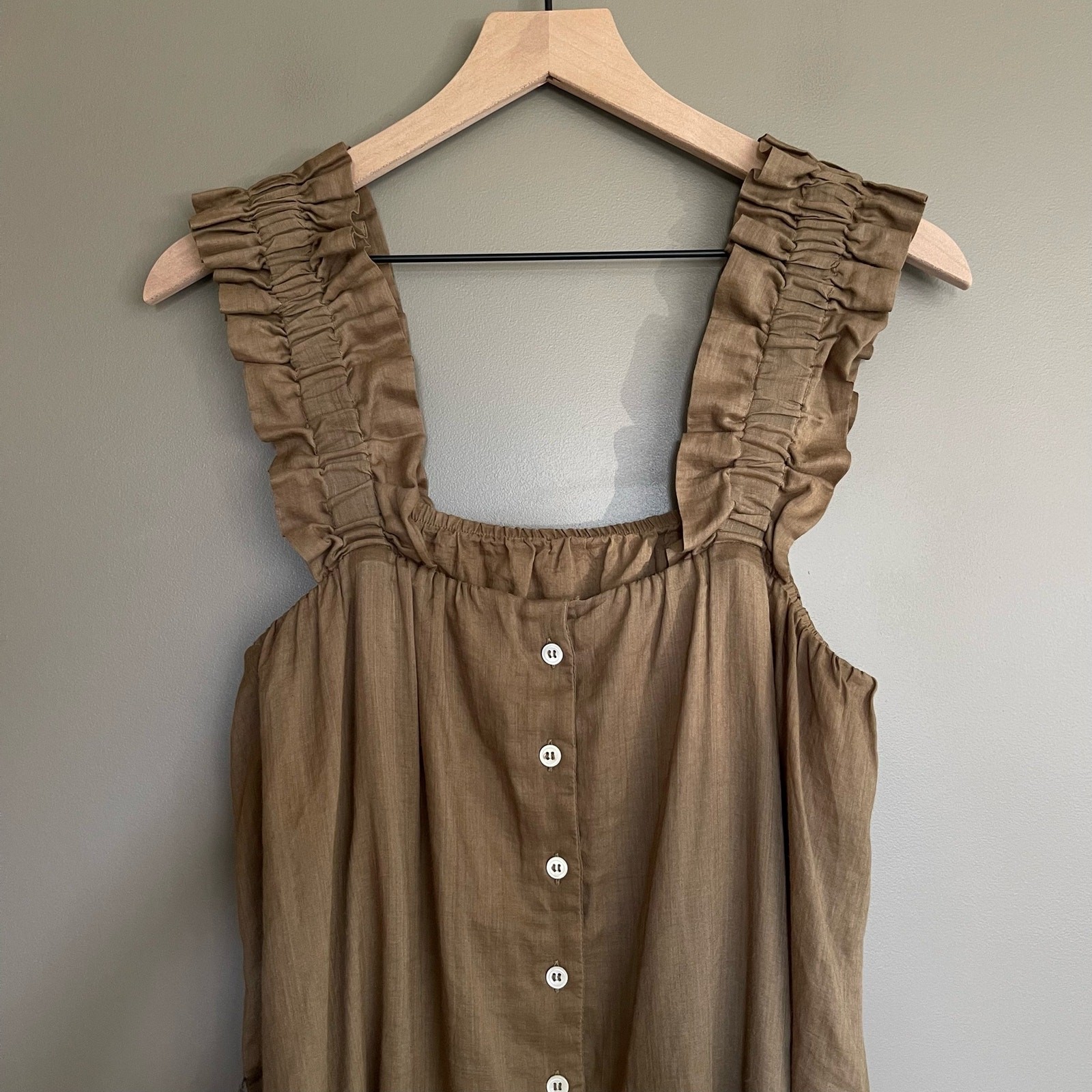Frame Ruffle Strap Button Back Dress in Moss Size Small Khaki Green Ramie Chic