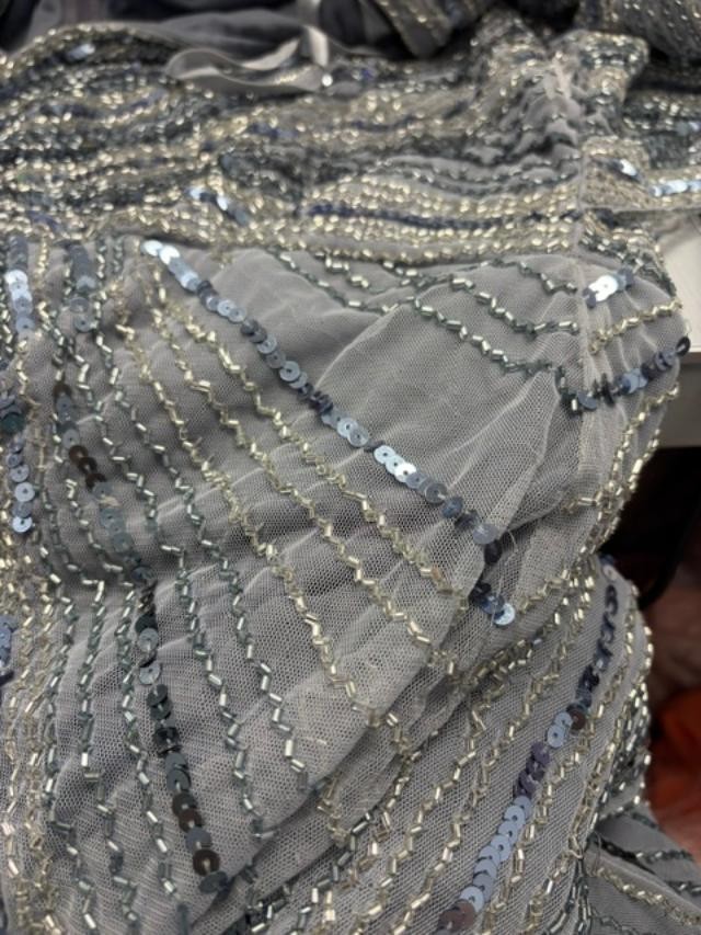 Mac Duggal Slate Blue Beaded Sequin Capelet Sleeve Column Gown Size 16 $698