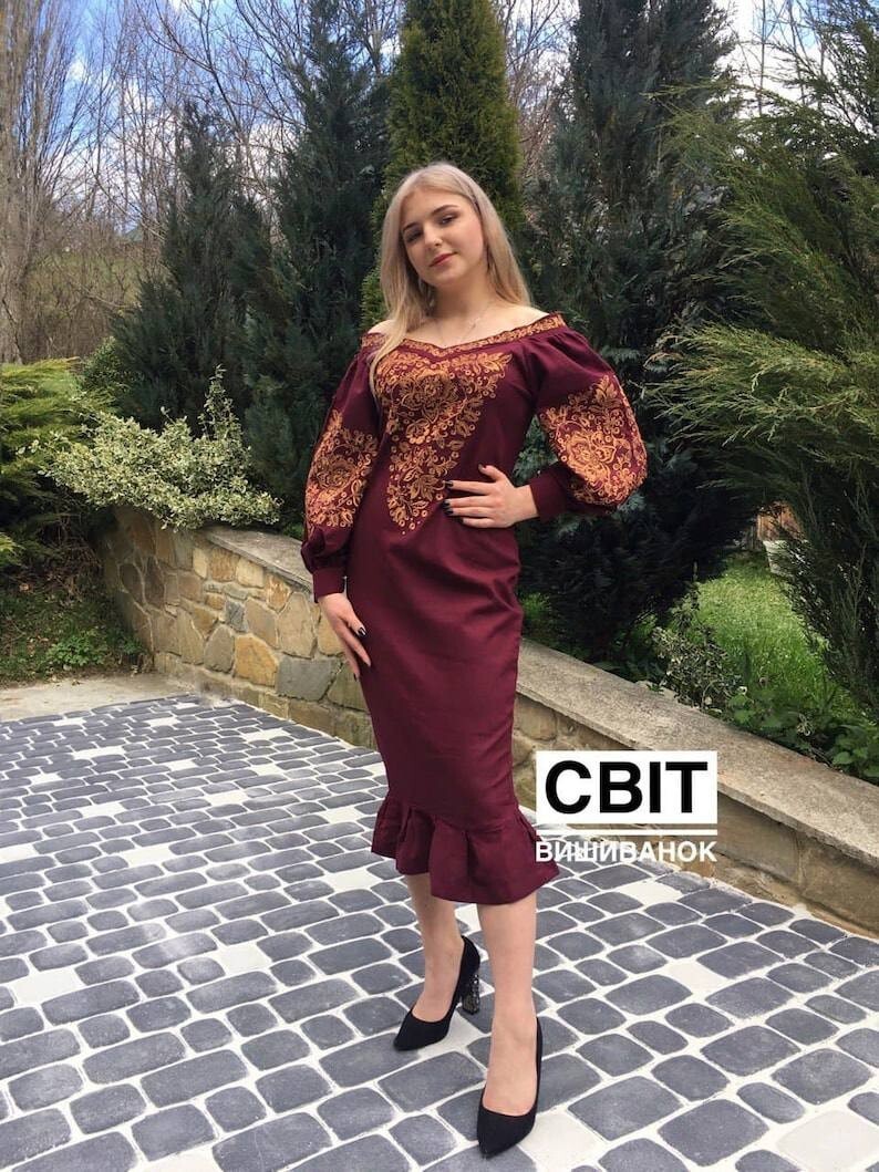 Burgundy Dress gold embroidered Ukrainian Folk Embroidery Gold Details Gift Her