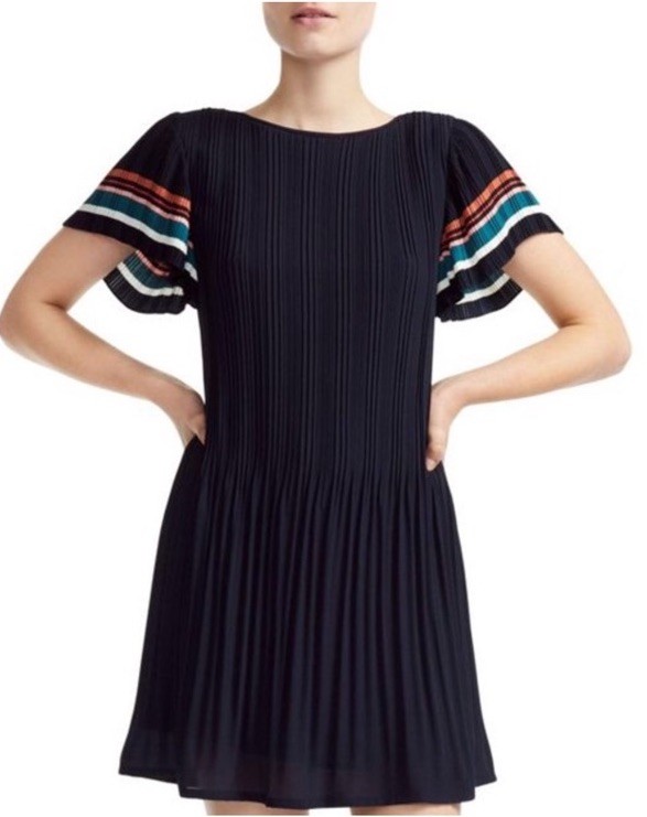 Maje Rolini Pleated Mini Dress Navy Multi Stripe Flutter Sleeve Size 1/Small