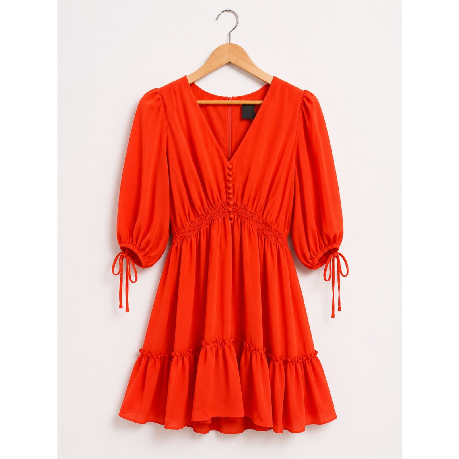 Taylor NWT Red Smocked Puff Sleeve Dress Size 12 Tiered V-Neck Cocktail Holiday