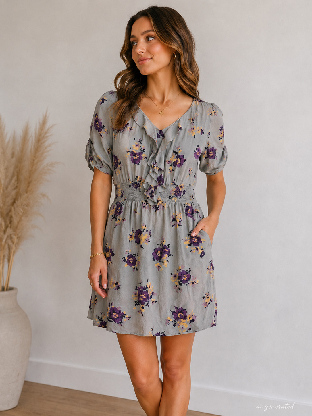 Rebecca Taylor 100% Silk Blue/Gray Floral Ruffle Front Dress with Pockets Sz 10