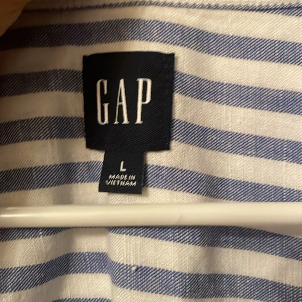 GAP Womens Large Oversized Blue White Striped Button Up Linen/Cotton Blend Dress