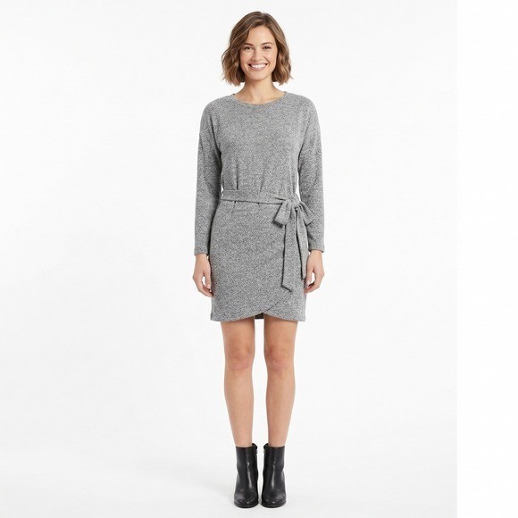 Youpin Fashion Heather Grey Knit Long Sleeve Faux Wrap Tie Waist Dress Large