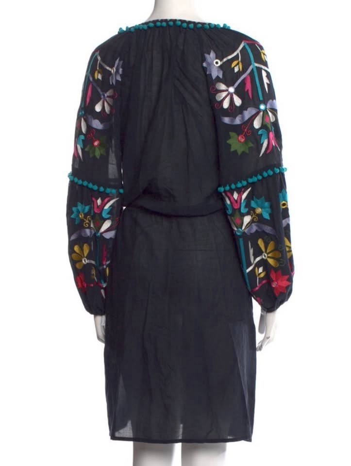 Figue Black Floral Embroidered V-Neck Tassel Tie Midi Dress Sz: XS