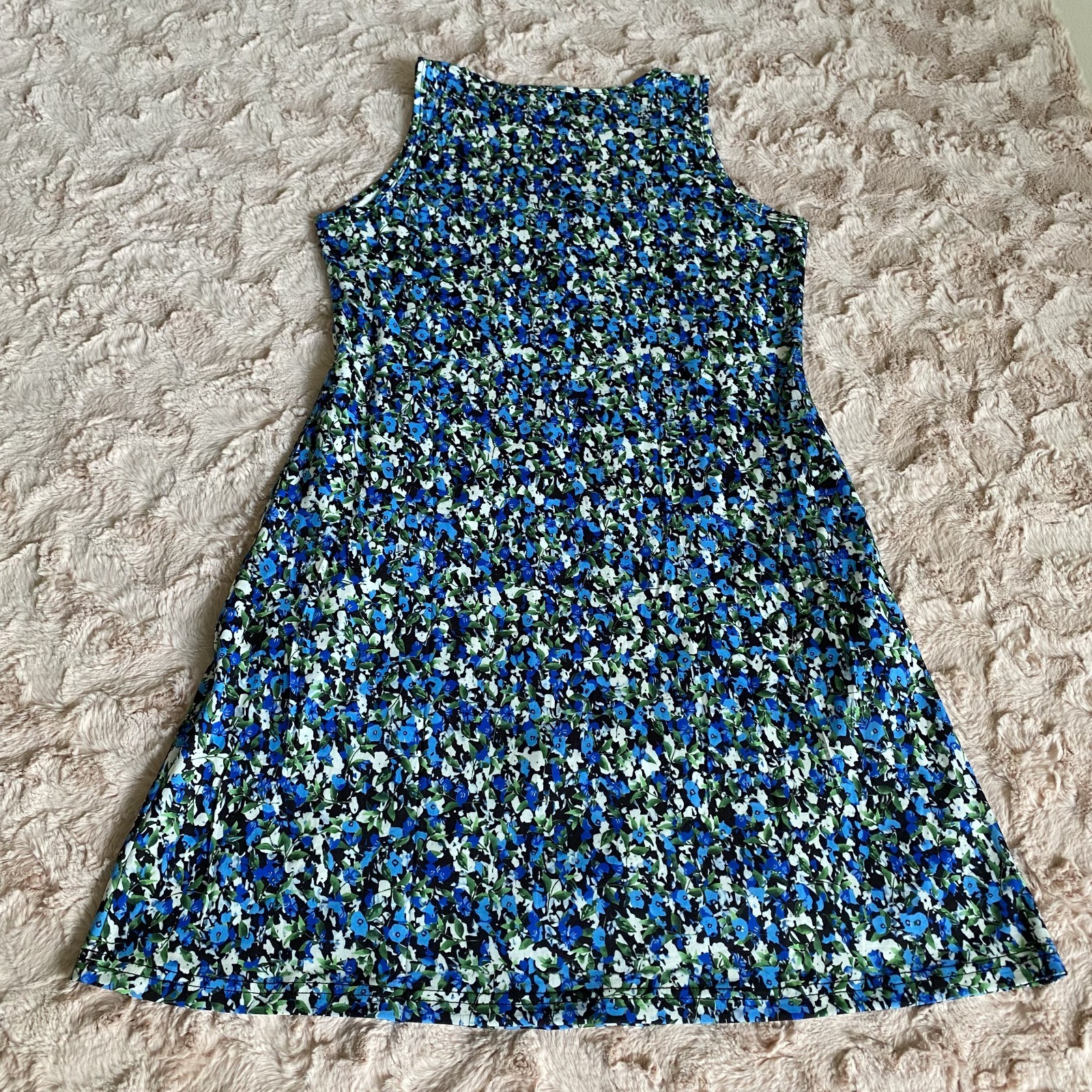 NWOT Womens Small Blue White Floral Causal Tank Dress Sleeveless Pockets