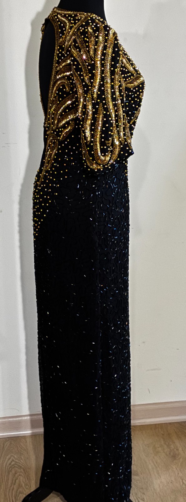 NWOT-Mark&John 100% Pure Silk Beaded Sequins Gown Slit Open Back (BlkGold)-Sz L