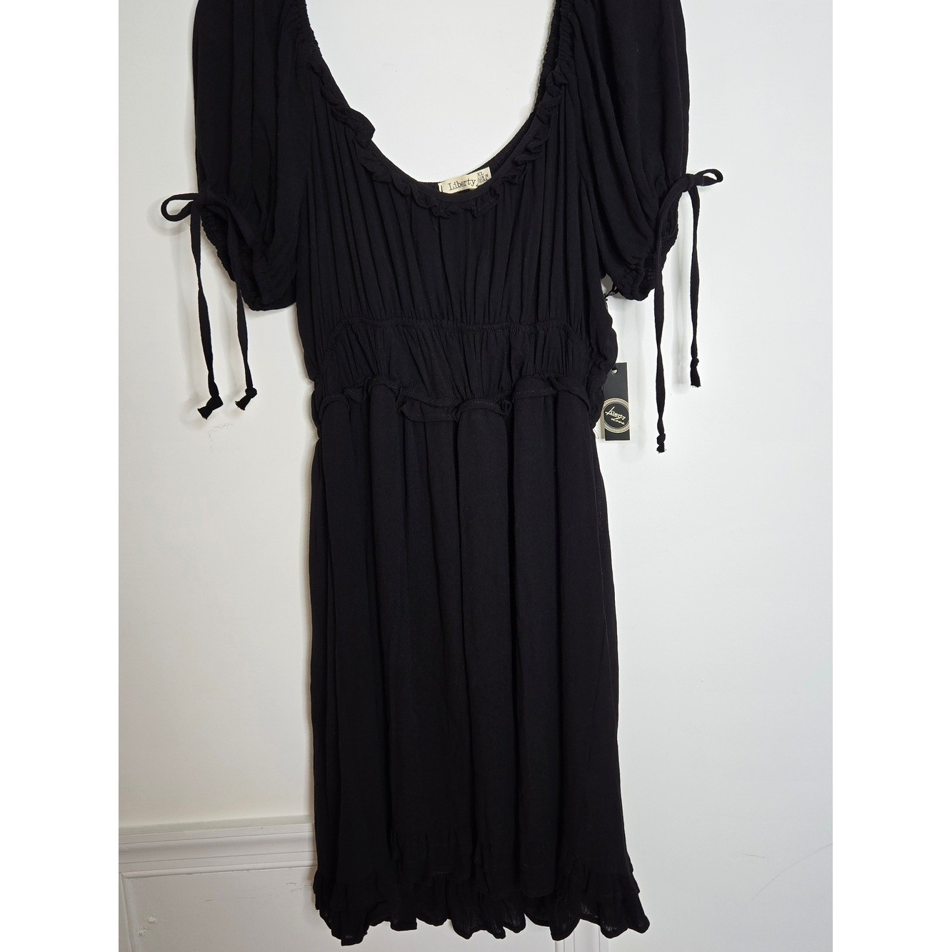 Liberty Love Black Puff Sleeve Smocked Empire Waist Mini Dress W Tie Sleeve- L