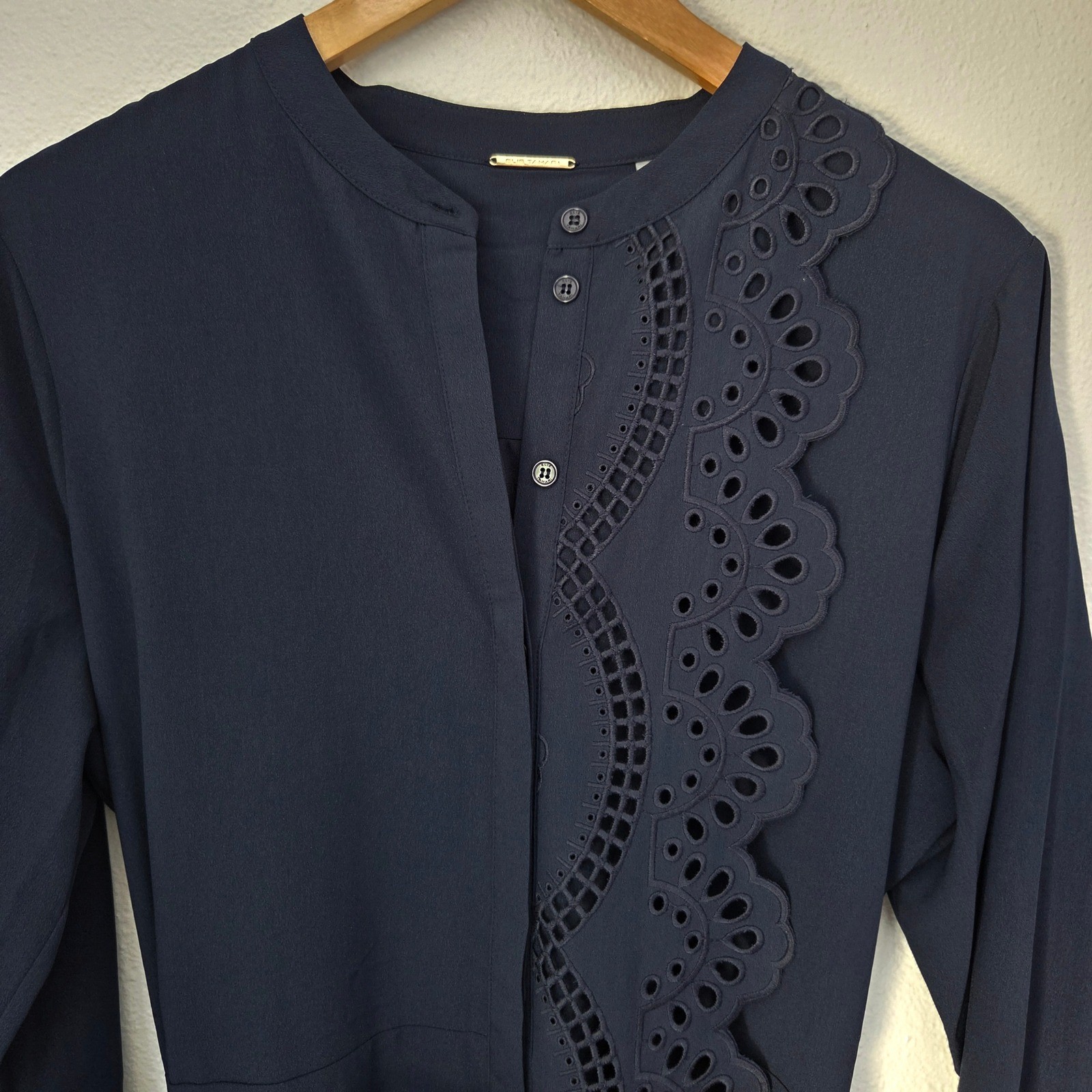 Elie Tahari Navy Blue Eyelet Embroidered Midi Shirt Dress Tie Waist NWT