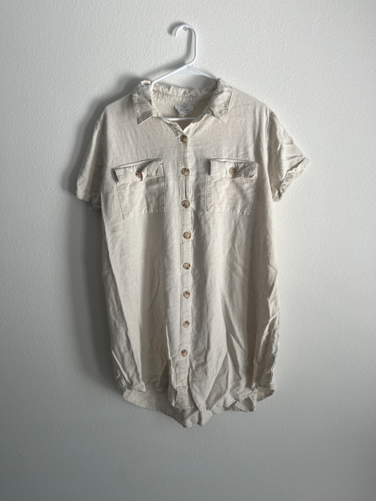 Perch by Blu Pepper Shirt Dress Womens 1X Oatmeal Pleated Button Front Casual
