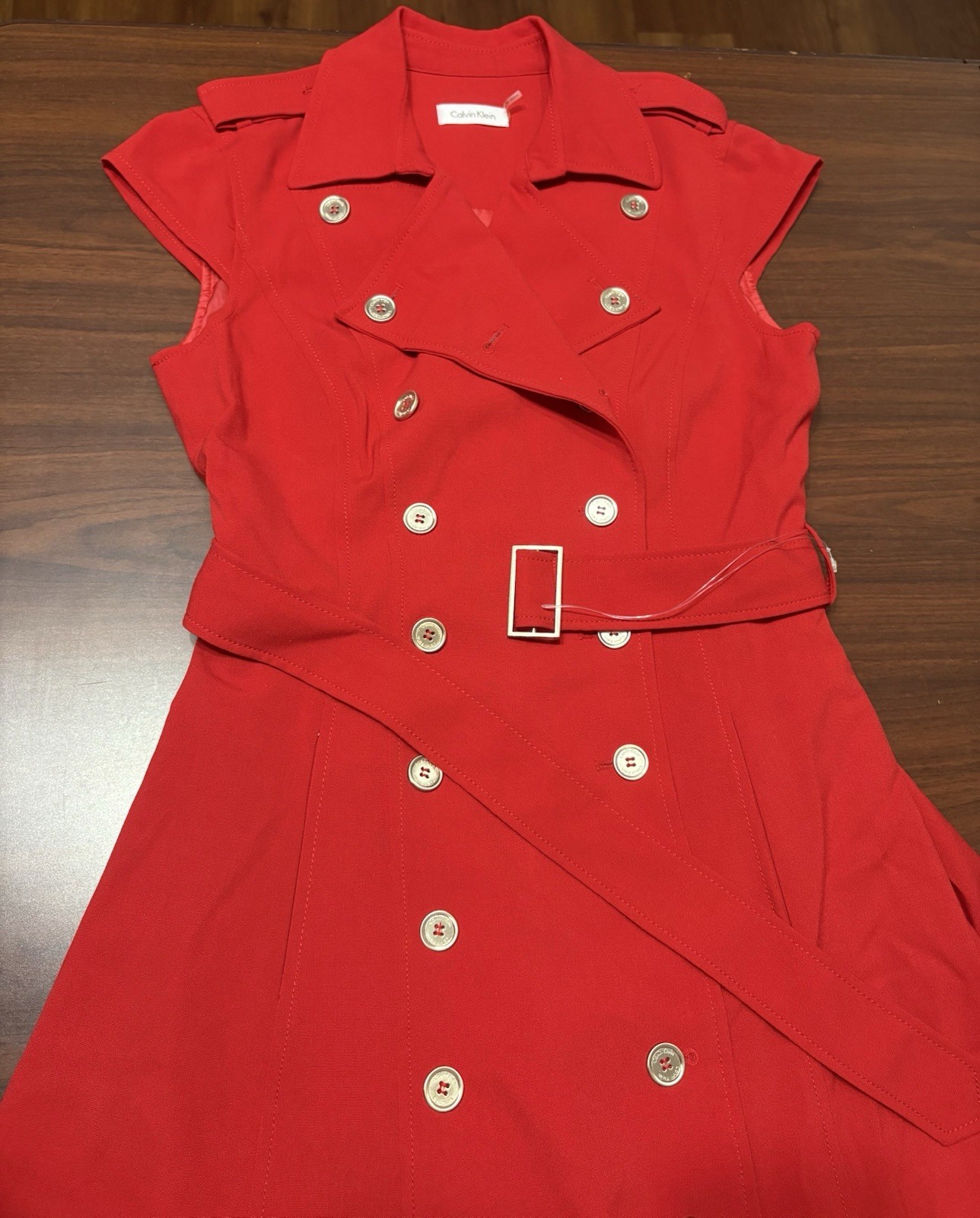Calvin Klein Red Double Breasted Trench Dress with Belt Size S
