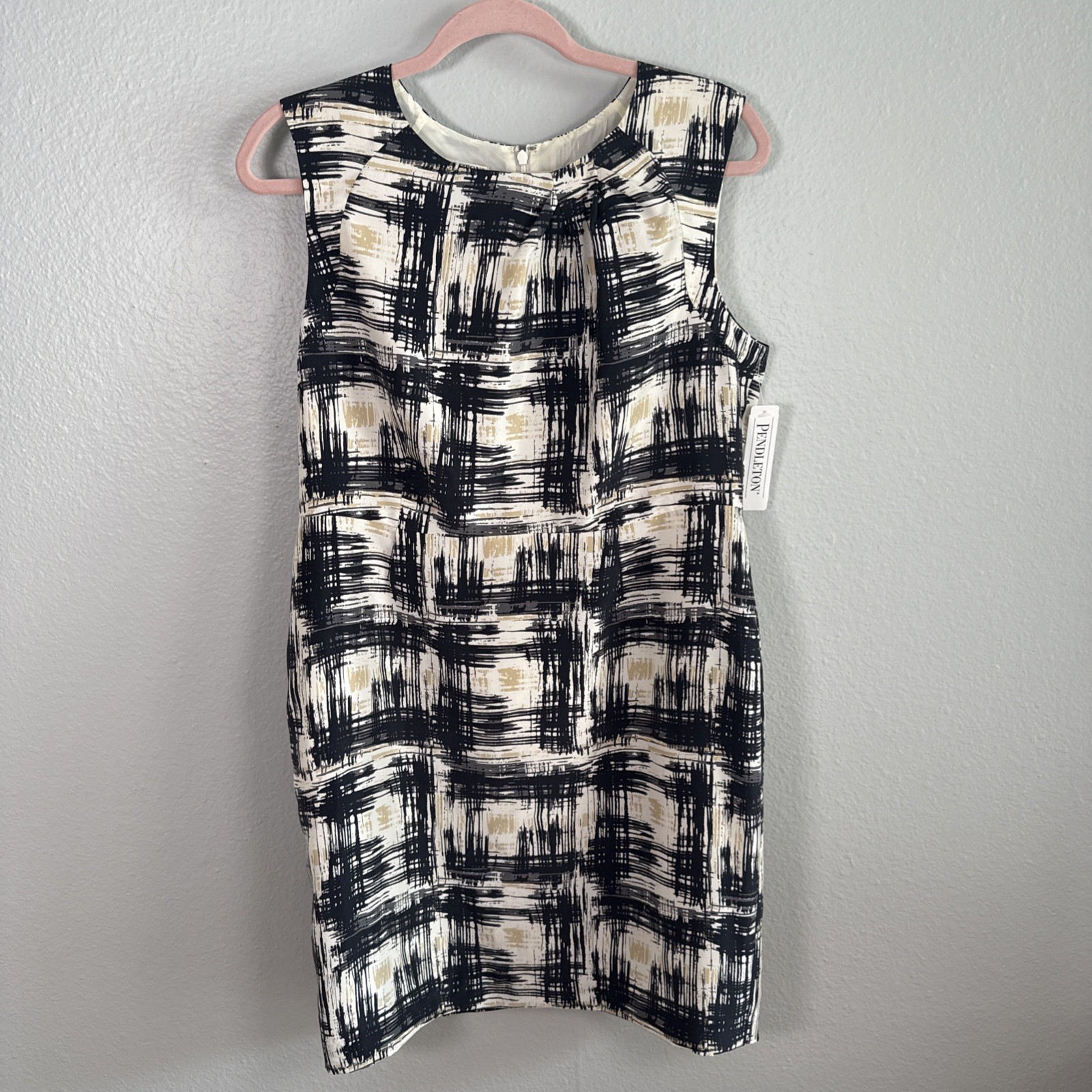 Pendleton 100% Silk Dress Lined Classic Sleeveless Career Sz 12 Cream/Black/Gold