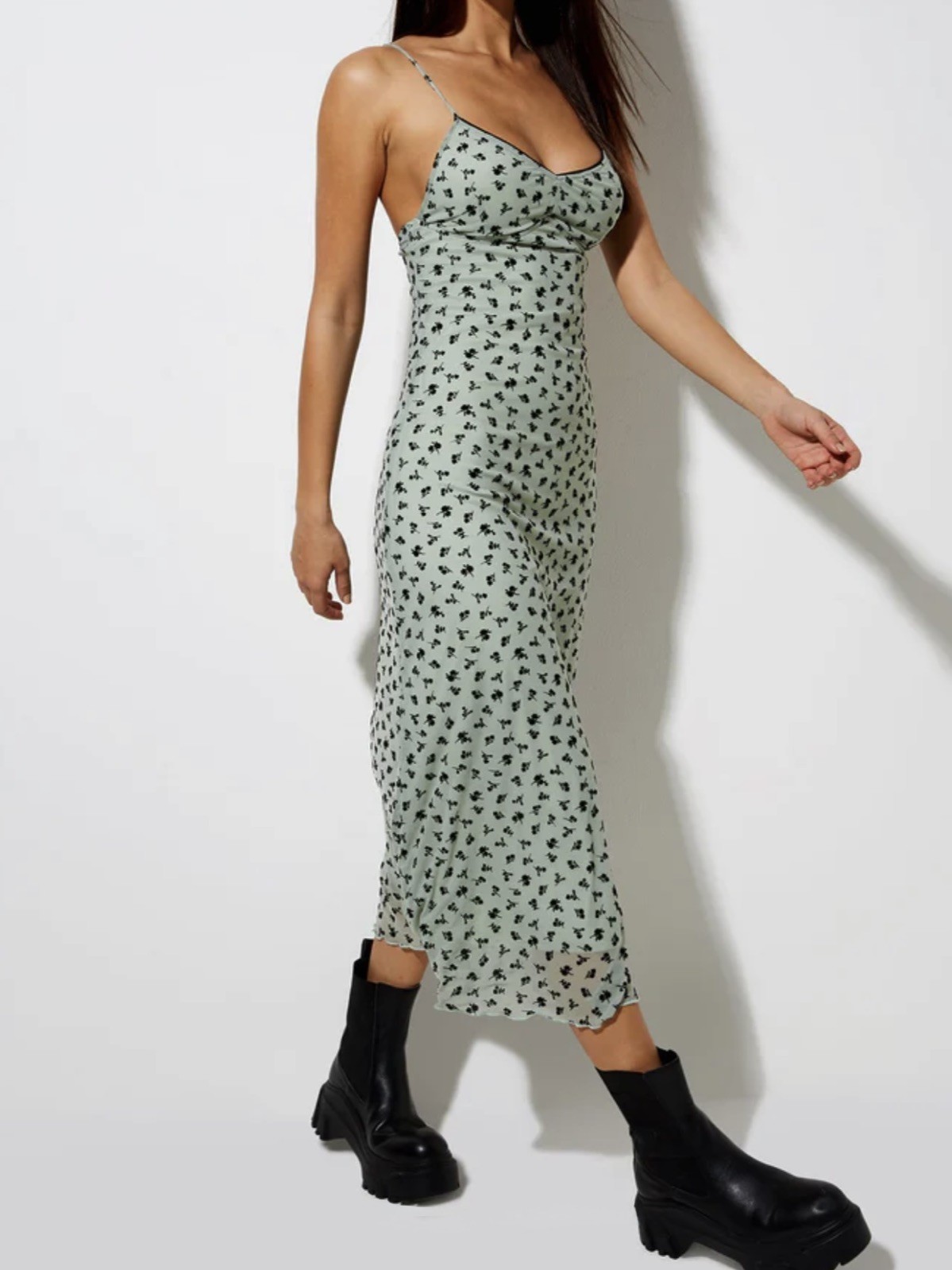 Motel Rocks Sage Green Black Floral Mesh Midi Slip Dress women’s size Small NWT