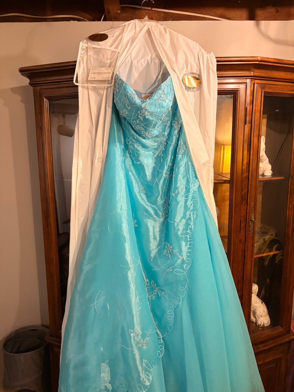 aqua prom dress size 12, halter, strapless, petticoat included, garment bag