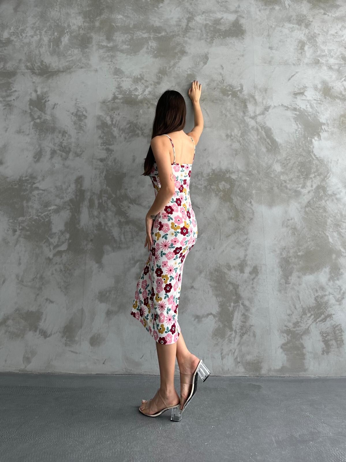 Mixed Patterned Pink Wafer Chest Tie Strap Dress
