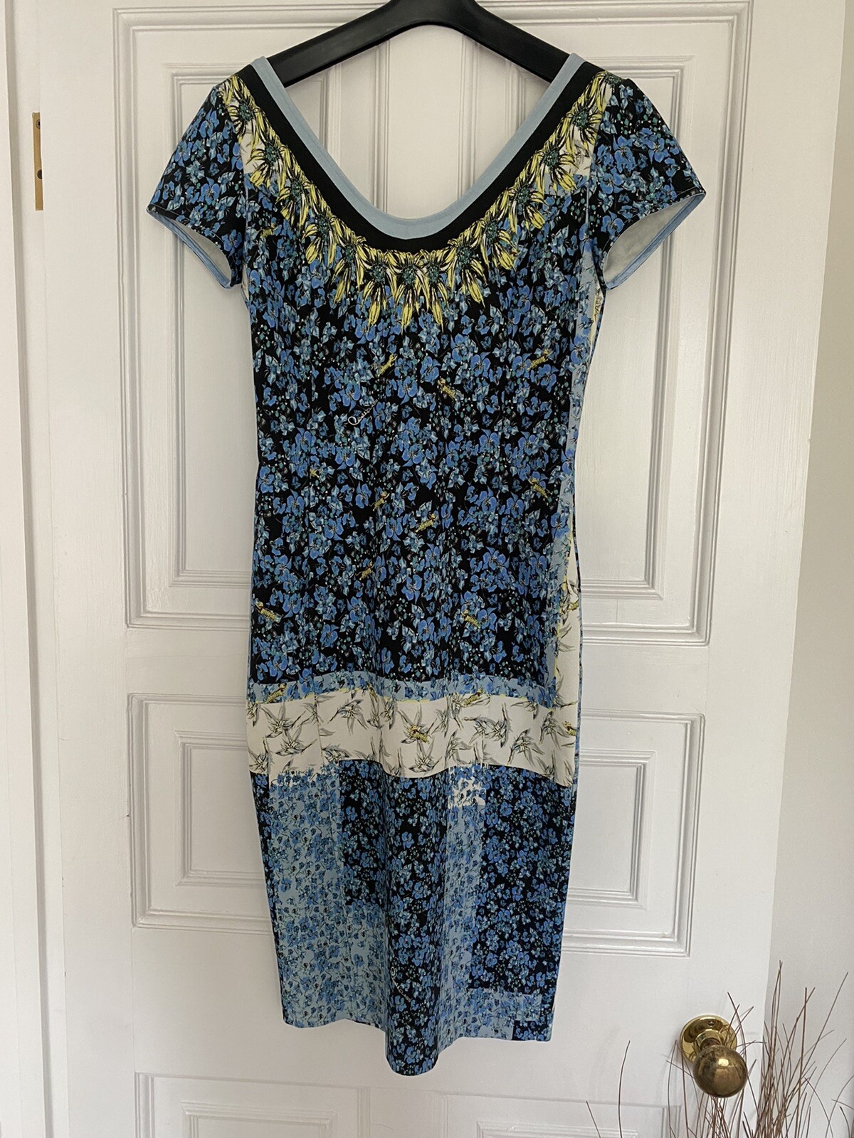 Cavalli Blue Patchwork Floral Pencil Dress UK8/10